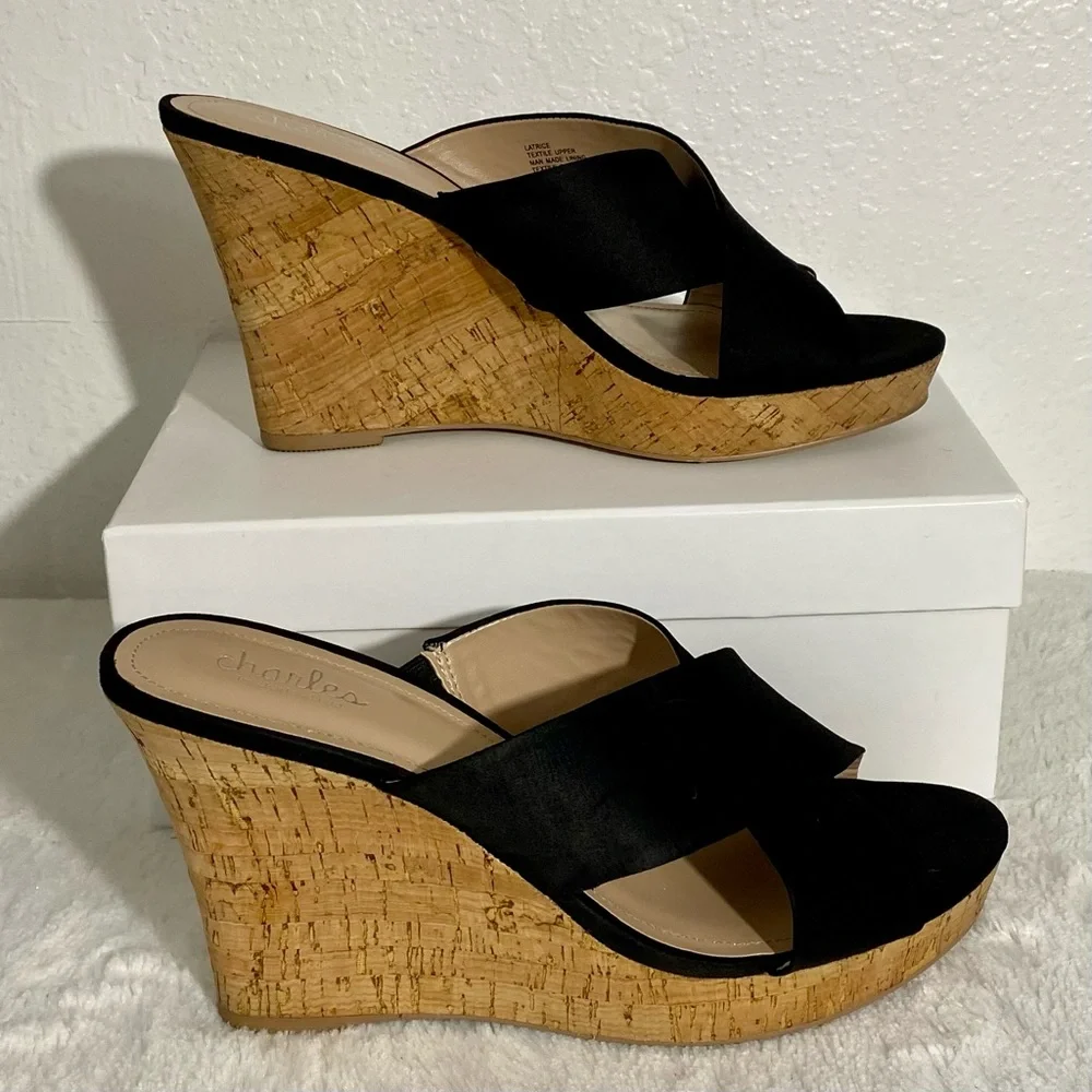 Charles by Charles David Latrice Black Cork Platform Wedge Sandals Size 10M